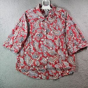 Catherines Tunic Shirt Top Women Petite 2X 22 24 P Button 3/4 Sleeve Paisley Red